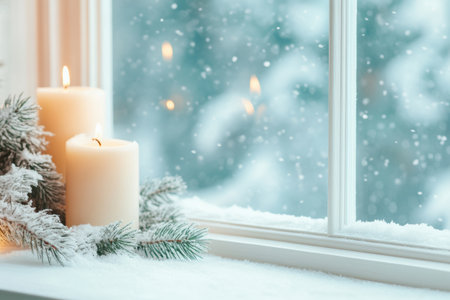 Cozy winter scene with lit candles and snow covered pine branches by window.の素材