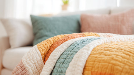 Cozy Quilted Blanket with Colorful Stripes on a Comfortable Sofa in a Sunlit Room.の素材