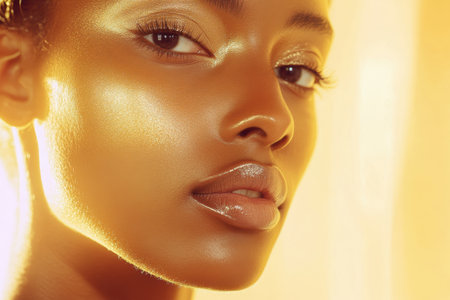 Close up of a young woman's radiant skin glowing under warm sunlight, highlighting her smooth complexion and natural beauty.の素材