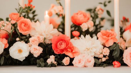 Elegant floral arrangement with vibrant roses, peonies, and greenery amidst soft candlelight ambiance.の素材