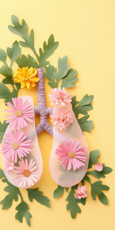 Colorful floral representation of human lungs with pink and yellow flowers on a leafy background.の素材