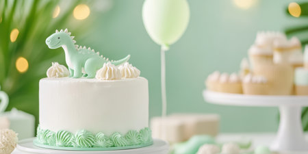 Pastel dinosaur themed birthday cake and cupcakes in a soft green party setting with balloons.の素材
