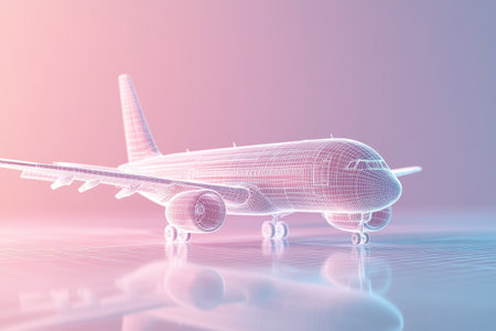 Futuristic wireframe airplane model on reflective surface with gradient background in soft pastel tones.の素材