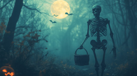 Skeleton wandering through spooky forest at night with full moon and bats.の素材