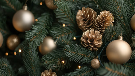 Elegant Christmas tree decor with golden baubles and pine cones for holiday celebration atmosphere.の素材