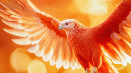Majestic red hawk soaring in golden sunset with wings spread wide.の素材