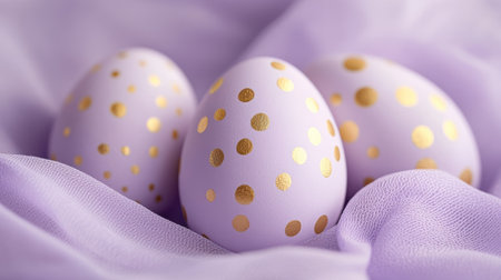 Pastel purple and gold polka dot Easter eggs nestled in soft fabric with gentle artistic elegance.の素材