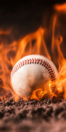 Fiery baseball in flames on ground igniting intense sports energy powerful athletic concept.の素材