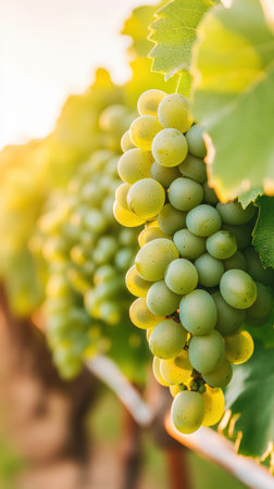 Sunlit vineyard with green grapes on the vine in close up during harvest season.の素材