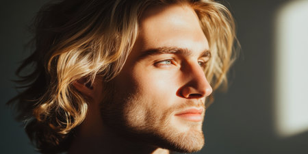 Thoughtful young man with long blonde hair gazing into sunlit distance, capturing a moment of contemplation and natural light.の素材