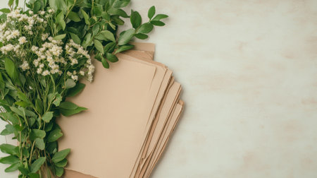 Vintage paper sheets surrounded by lush greenery and delicate white flowers on a textured surface background.の素材