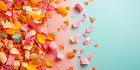 Colorful torn paper pieces on pastel background creating an abstract artistic pattern.の素材