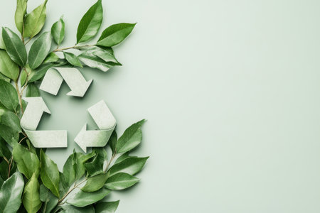 Recycling symbol surrounded by lush green leaves on a light background.の素材