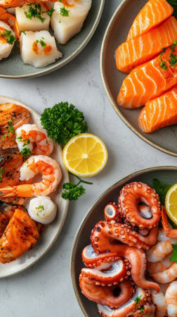 Fresh assorted seafood platter featuring octopus, shrimp, salmon, cod, and lemon slices on ceramic plates for a healthy gourmet meal.の素材