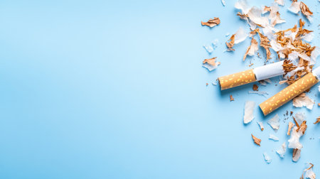 Broken cigarettes and scattered tobacco on a pastel blue background symbolizing quitting smoking and tobacco addiction awareness.の素材