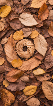 Golden brown autumn leaves arranged in a spiral pattern among fallen foliage, capturing the natural texture and warm seasonal tones of fall.の素材