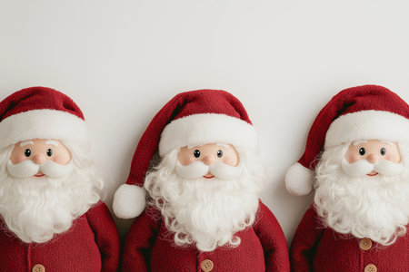 Three jolly santa claus dolls with red hats and white beards against a bright white background showing festive christmas decoration.の素材
