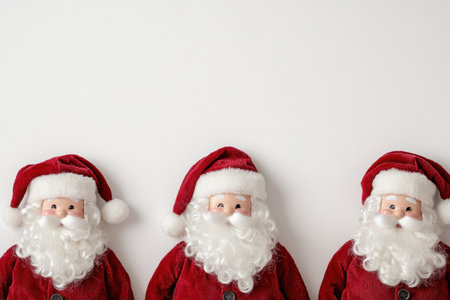 Three santa claus dolls lined up against a plain white background, showing festive holiday decorations and cheerful christmas spirit.の素材