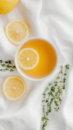 Refreshing cup of herbal tea with fresh lemon slices and thyme sprigs on soft white fabric background, evoking calm and healthy morning vibes.の素材