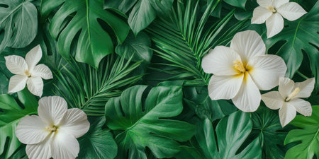 Lush green tropical leaves and white hibiscus flowers creating a vibrant natural pattern.の素材