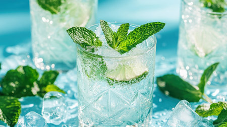 Refreshing mojito cocktail with fresh lime, mint leaves, and crushed ice in clear glass set against a bright summer background.の素材