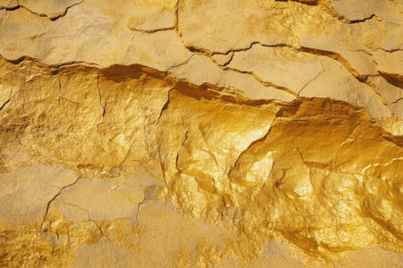 Natural gold texture with cracked surface shining brightly in sunlight, highlighting rough elegance of the mineral.の素材
