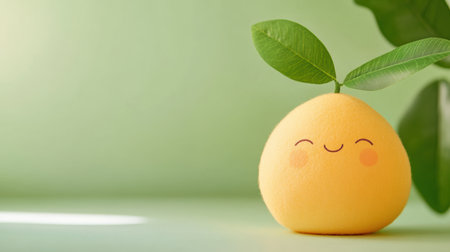 Smiling lemon shaped plush toy with leaf ears on green background showcasing cute and whimsical decor.の素材
