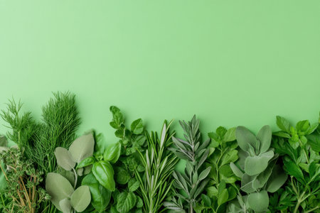 Fresh green culinary herbs assorted in a row against pastel green background, featuring mint, rosemary, basil, sage, and dill.の素材