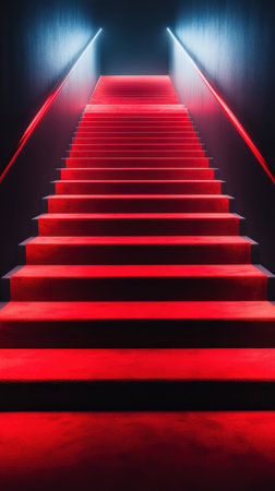 Mystical staircase illuminated by striking red and blue lights leading into darkness.の素材
