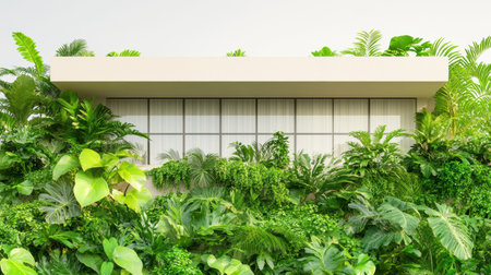 Modern building with lush vertical garden featuring diverse tropical plants and vibrant greenery.の素材