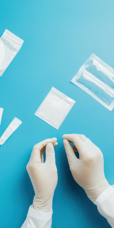 Gloved hands handling sealed packaging on blue surface for medical and laboratory use.の素材