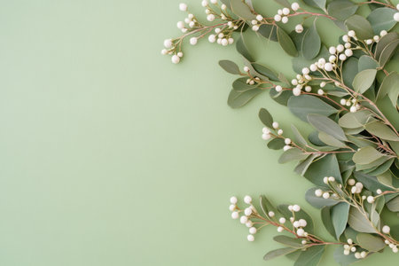 Eucalyptus sprigs with white berries on soft green background.の素材