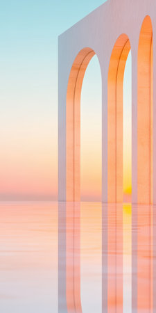 Elegant modern architecture reflecting in tranquil waters at sunset with soft pastel skies and vibrant colors.の素材