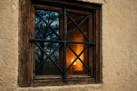 Warm candlelight glowing through rustic wooden window with iron lattice on textured beige wall during evening.の素材