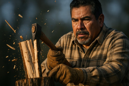 Middle aged man in plaid shirt chopping wood with ax outdoors, focused expression as wood splinters fly in natural sunlight.の素材