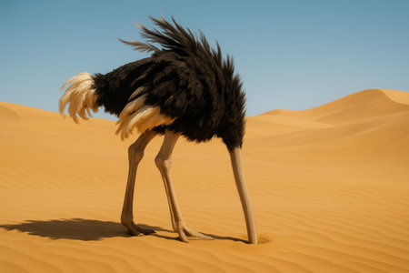 Solitary ostrich with black feathers stands in sunlit desert landscape, head lowered into golden sand amid rolling dunes.の素材