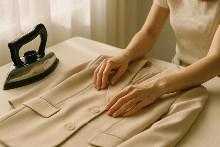 Woman smoothing beige blazer on ironing board with vintage iron in softly lit room, focusing on garment care and neat presentation.の素材