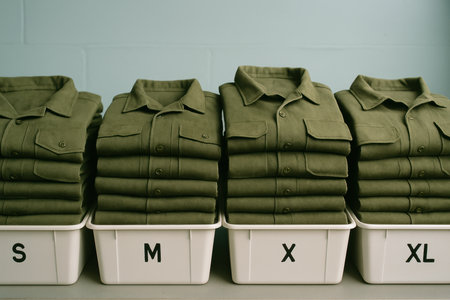 Neatly folded olive green shirts arranged by size in bins against a light wall, organized for inventory or retail display.の素材