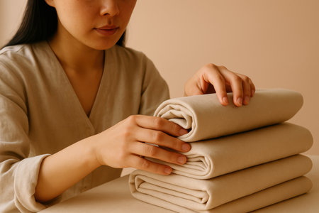 Woman neatly folding clean beige towels on a neutral background, focusing on organization, minimalism, and home care routine.の素材