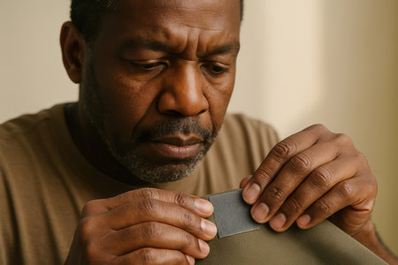 Focused middle aged man carefully attaching a black patch to khaki fabric indoors, demonstrating repair and handiwork skills.の素材