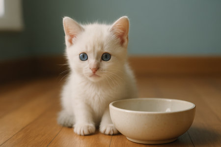 Adorable white kitten with blue eyes sitting beside an empty bowl on a wooden floor in a softly lit indoor setting.の素材