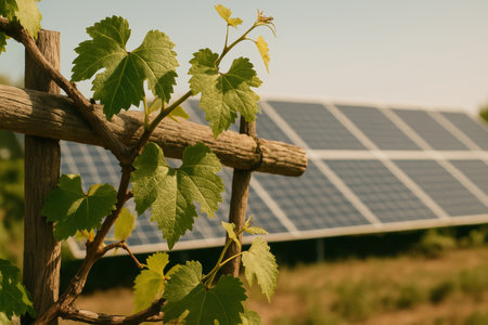 Grape vines growing in front of solar panels in a sustainable vineyard with renewable energy technology during sunny afternoon.の素材