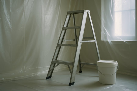 Aluminum step ladder and white paint bucket in a room prepared for renovation with plastic sheets and natural window light.の素材