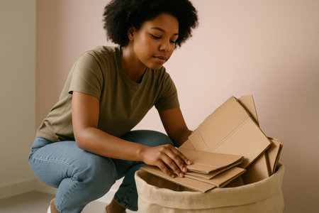 Woman organizing cardboard for recycling at home, sustainable lifestyle, eco friendly habits, responsible waste management.の素材