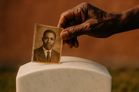 Hand holding vintage portrait of an African American man above a marble grave marker, symbolizing remembrance and honoring ancestry.の素材
