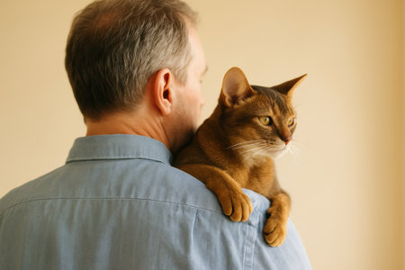 Middle man gently holding an aged abyssinian cat on his shoulder indoors with warm natural light against a soft beige background.の素材