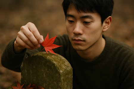 Young man placing red maple leaf on old gravestone during autumn, reflecting on loss and memories in a peaceful, contemplative setting.の素材