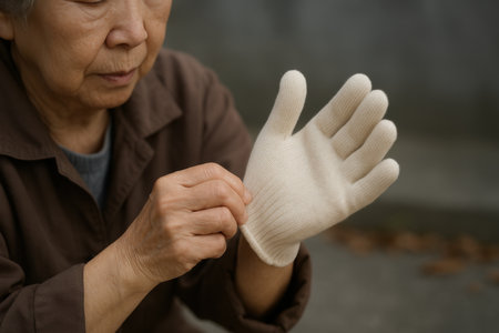 Elderly woman wearing warm knit glove outdoors in autumn, preparing for chilly weather with calm and focused expression.の素材