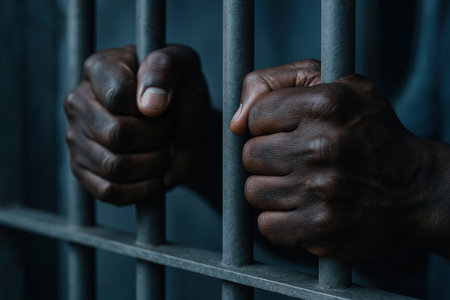 Close up of hands gripping jail cell bars in dim light highlighting themes of imprisonment, justice, and confinement.の素材