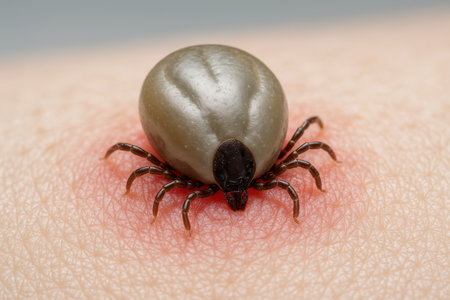Engorged tick attached to human skin causing irritation and swelling, close up of parasite during blood feeding on host.の素材